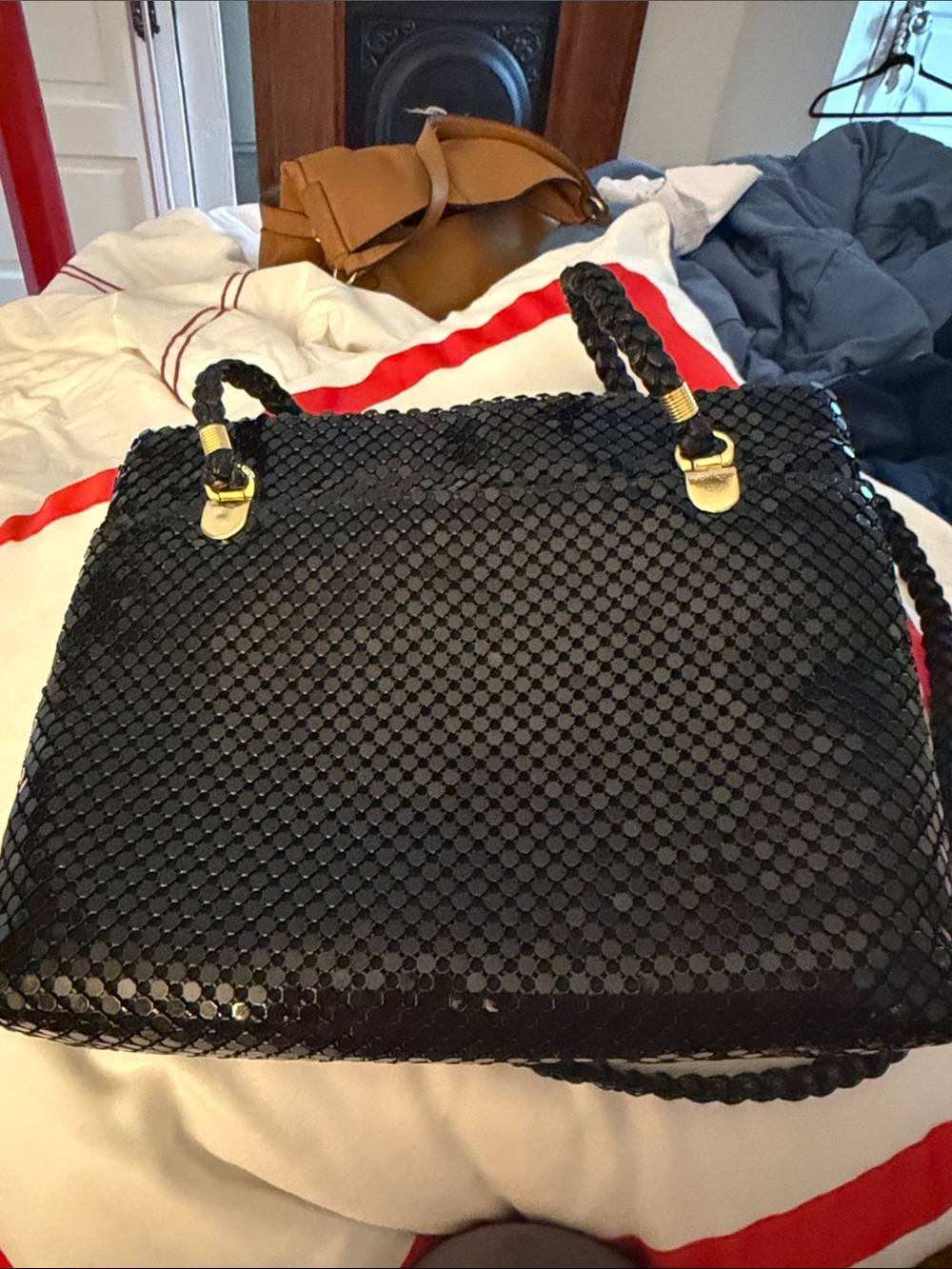 Vintage Black metal mesh Shoulder Bag with Braided Handles